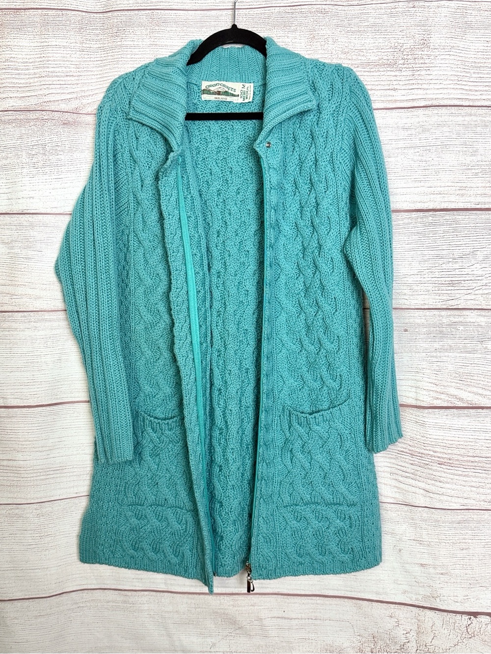 Aran Crafts Long Cardigan Full Zip Turquoise Cable Knit Wool Sweater Ireland M